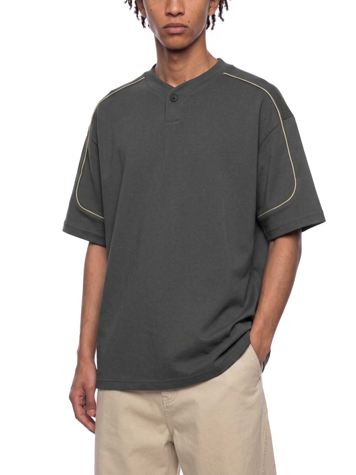T-shirt Henley Oversize à Liserés